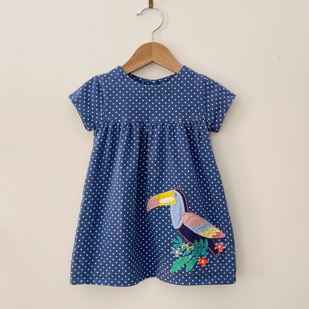 Mini Boden Navy Polka Dot Dress with Toucan Appliqué